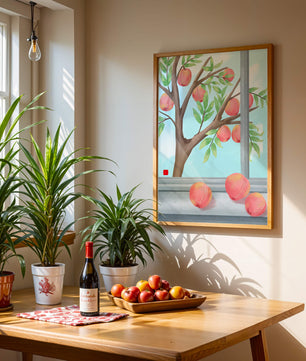 Peach tree outside a window with ripe peaches and sunny sky