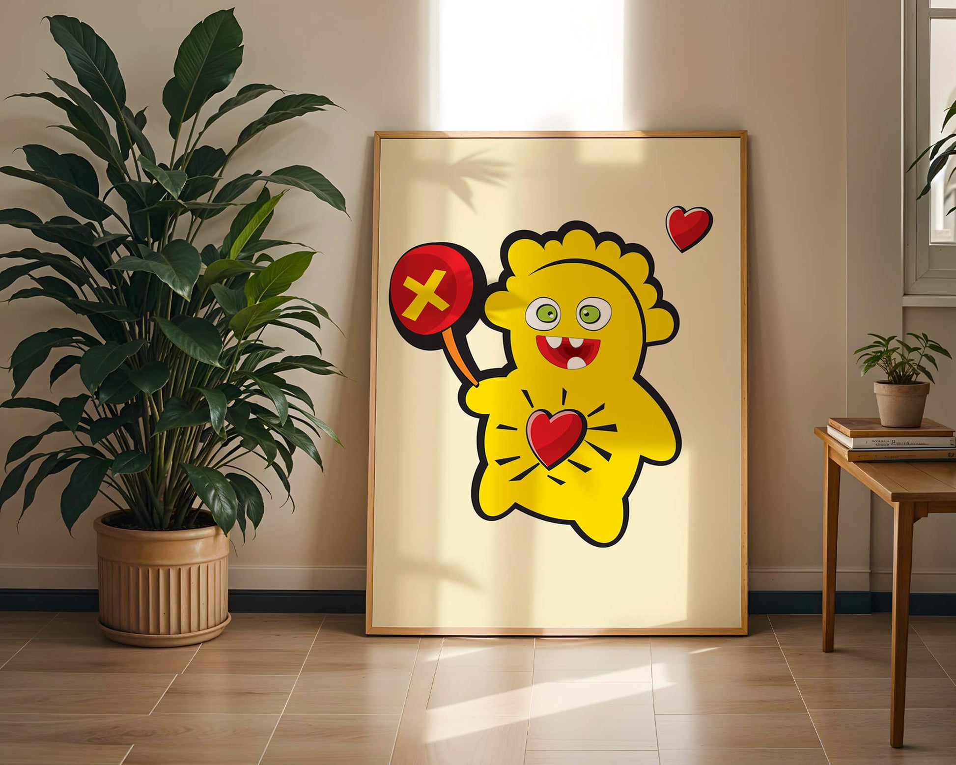 Colorful cartoon character with heart and playful design