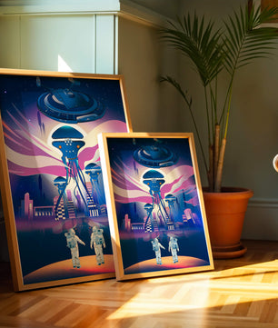 Futuristic Space City With Alien Creatures and Astronauts