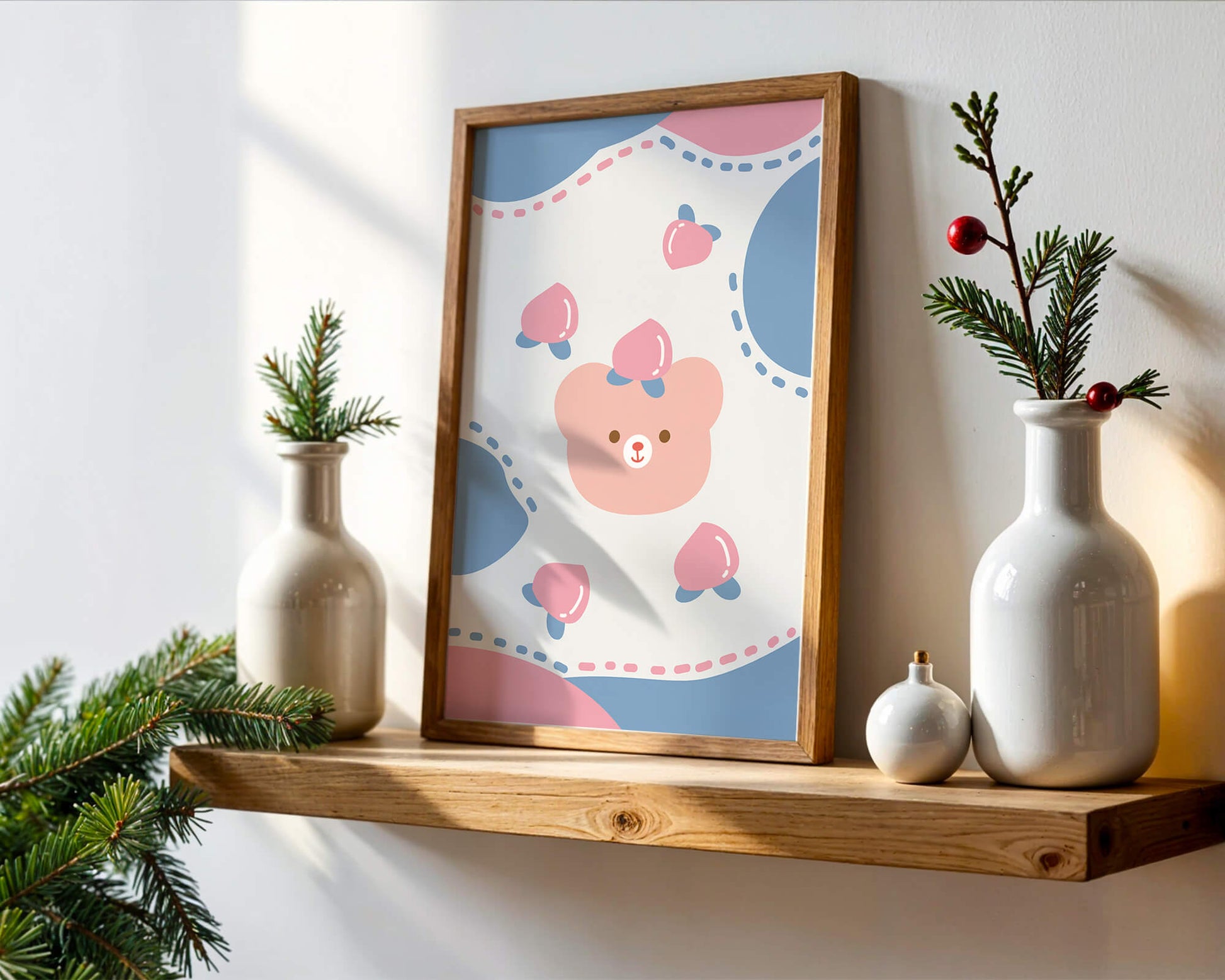 Adorable pastel bear with peaches and dotted background