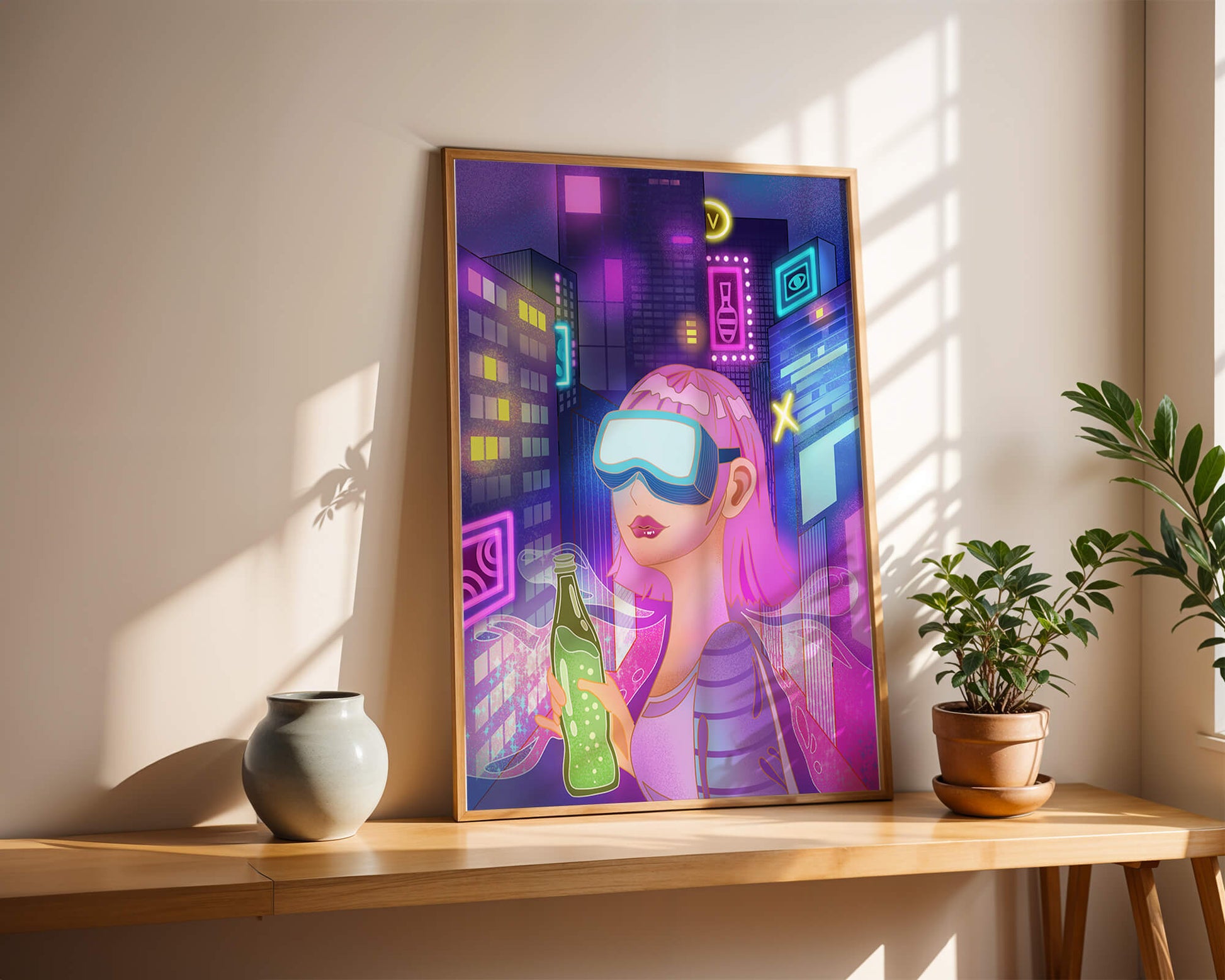 Futuristic urban scene with neon lights and virtual reality elements
