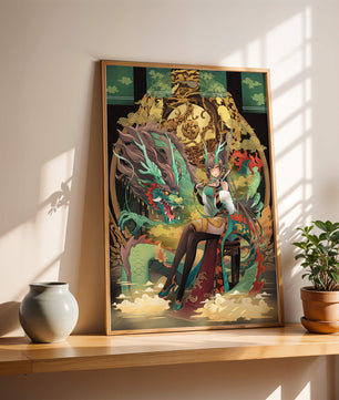 Art fantastique élégant d'une femme avec un dragon majestueux et des éléments dorés