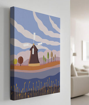 Paysage coloré avec moulin à vent et arbres abstraits