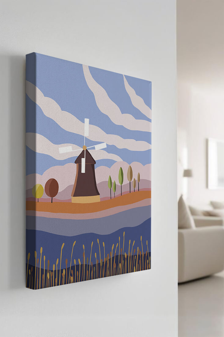 Colorful Landscape Featuring Windmill and Abstract Trees