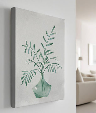 Illustration minimaliste à l’aquarelle de feuilles vertes dans un vase en verre