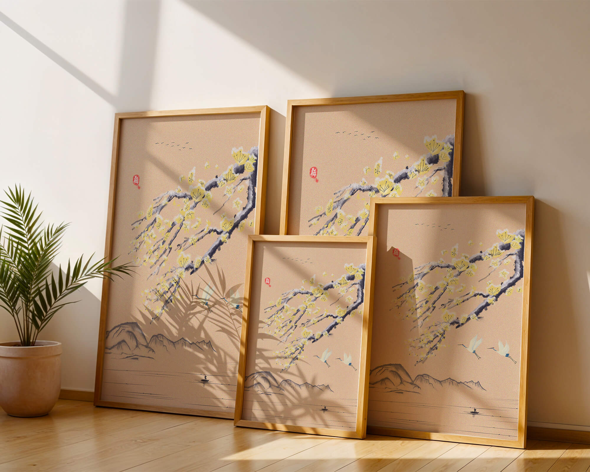 Tranquil landscape with blooming branches and flying cranes