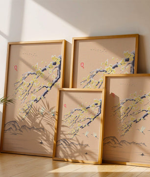 Tranquil landscape with blooming branches and flying cranes