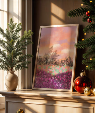 Paisaje sereno con campo floral vibrante y cielo pastel