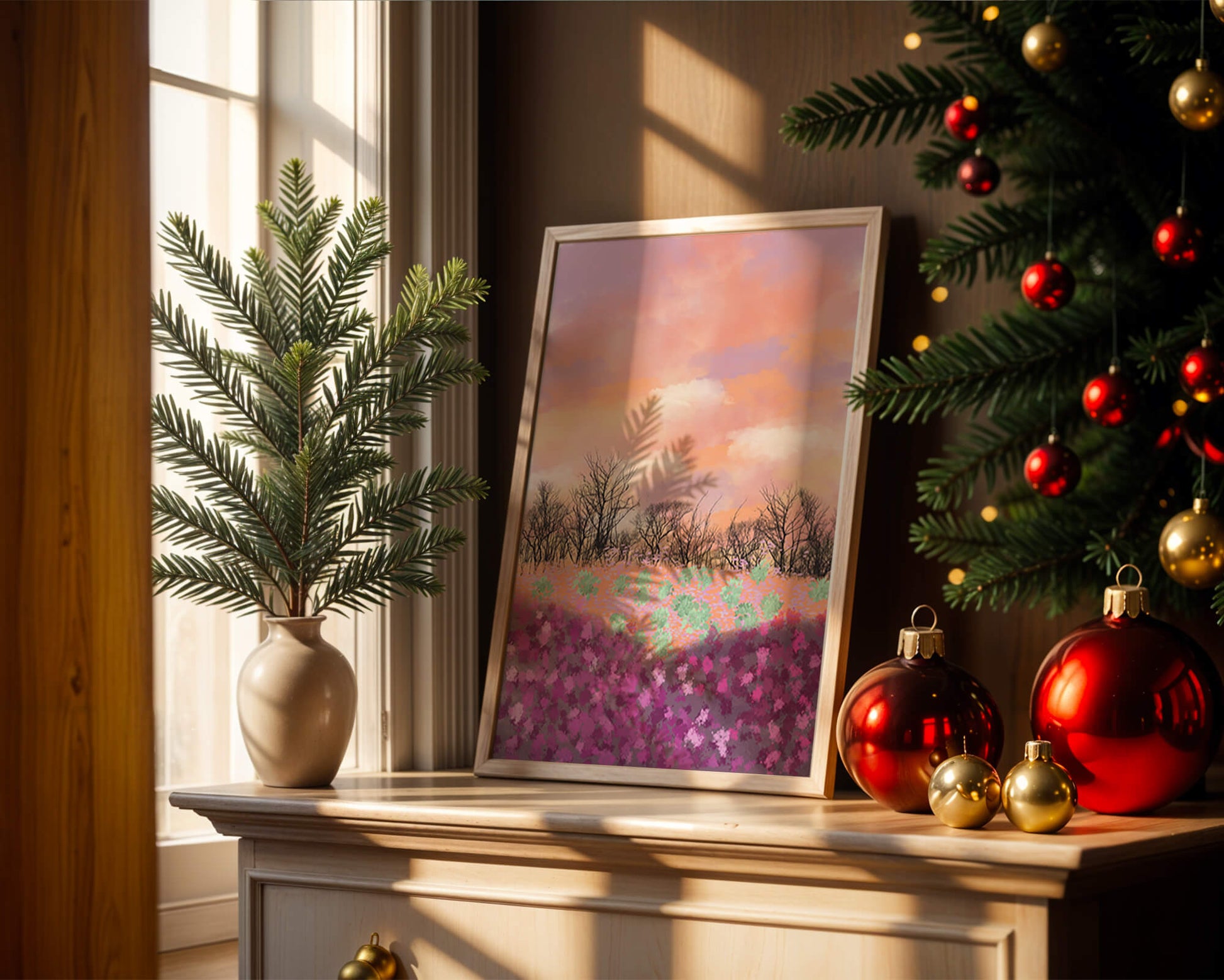 Paisaje sereno con campo floral vibrante y cielo pastel
