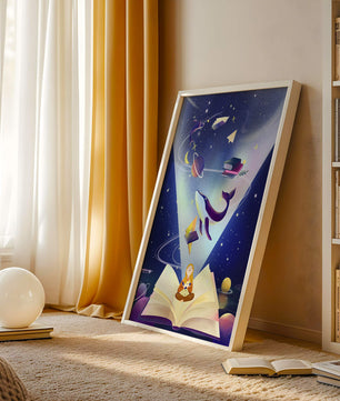 Imaginative galaxy scene with books and a child
