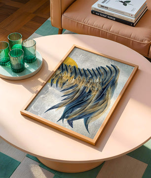 Abstract Composition with Blue and Gold Accents on Textured Background