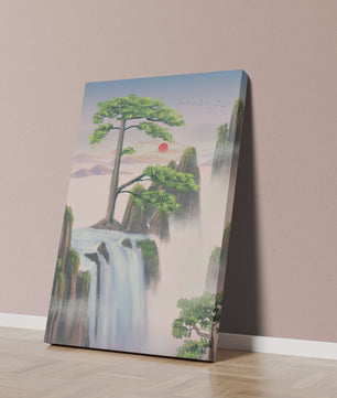 Serene landscape with flowing waterfall and sunrise