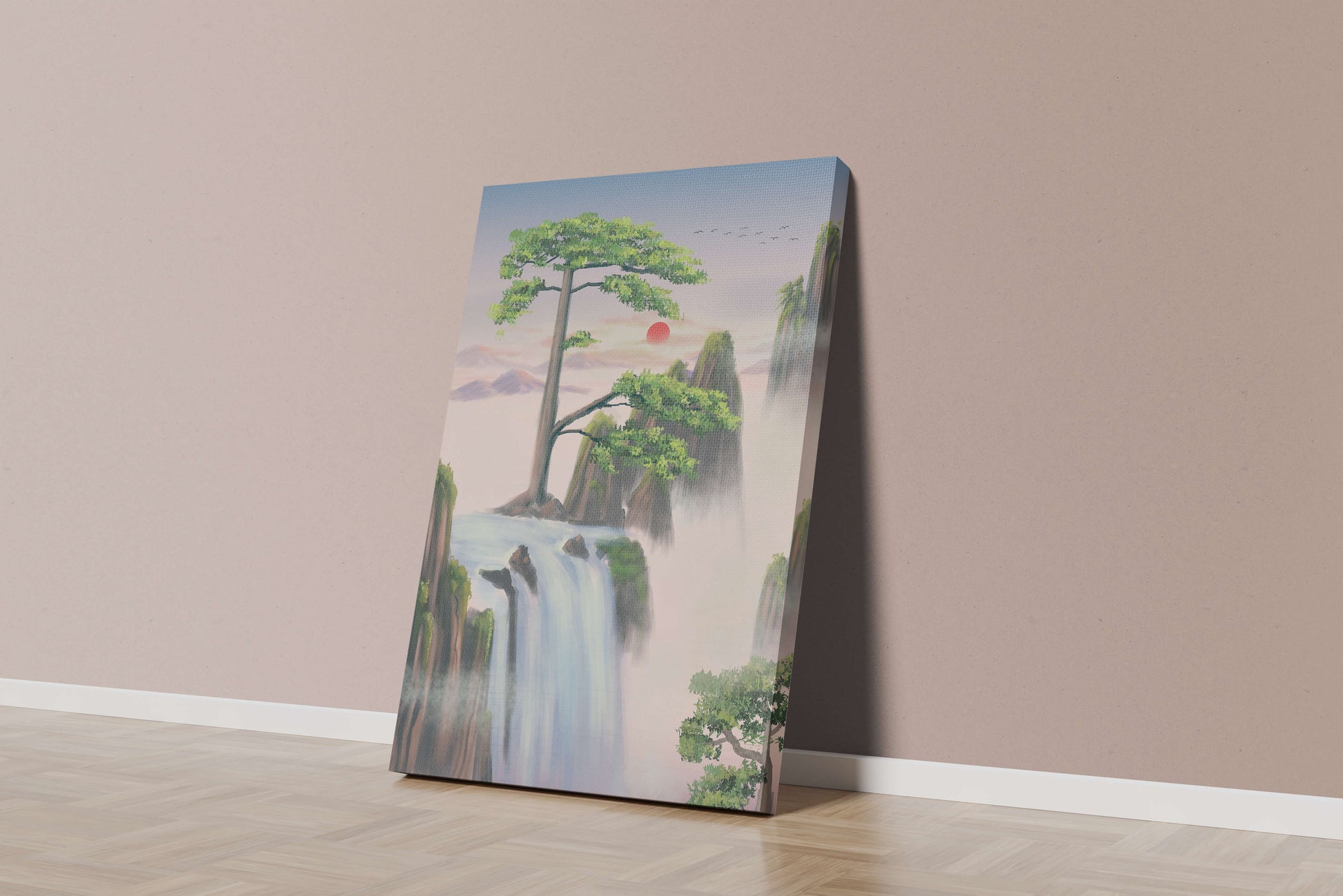 Serene landscape with flowing waterfall and sunrise
