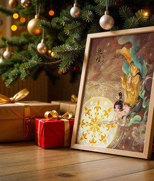 Figura celestial elegante con aura dorada y motivos florales