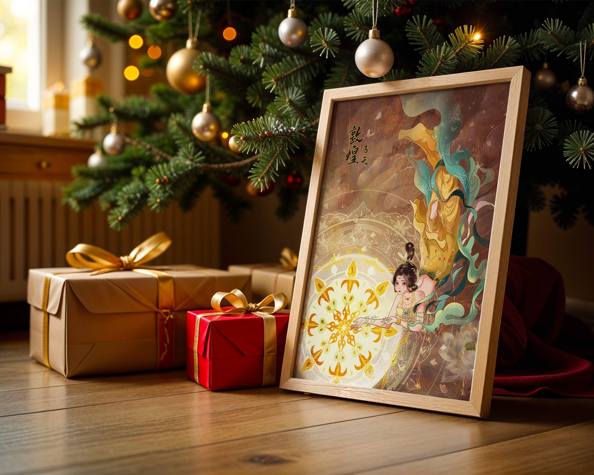Figura celestial elegante con aura dorada y motivos florales