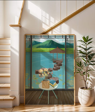 Scenic view from a room overlooking a tranquil water garden with stepping stones and mountains