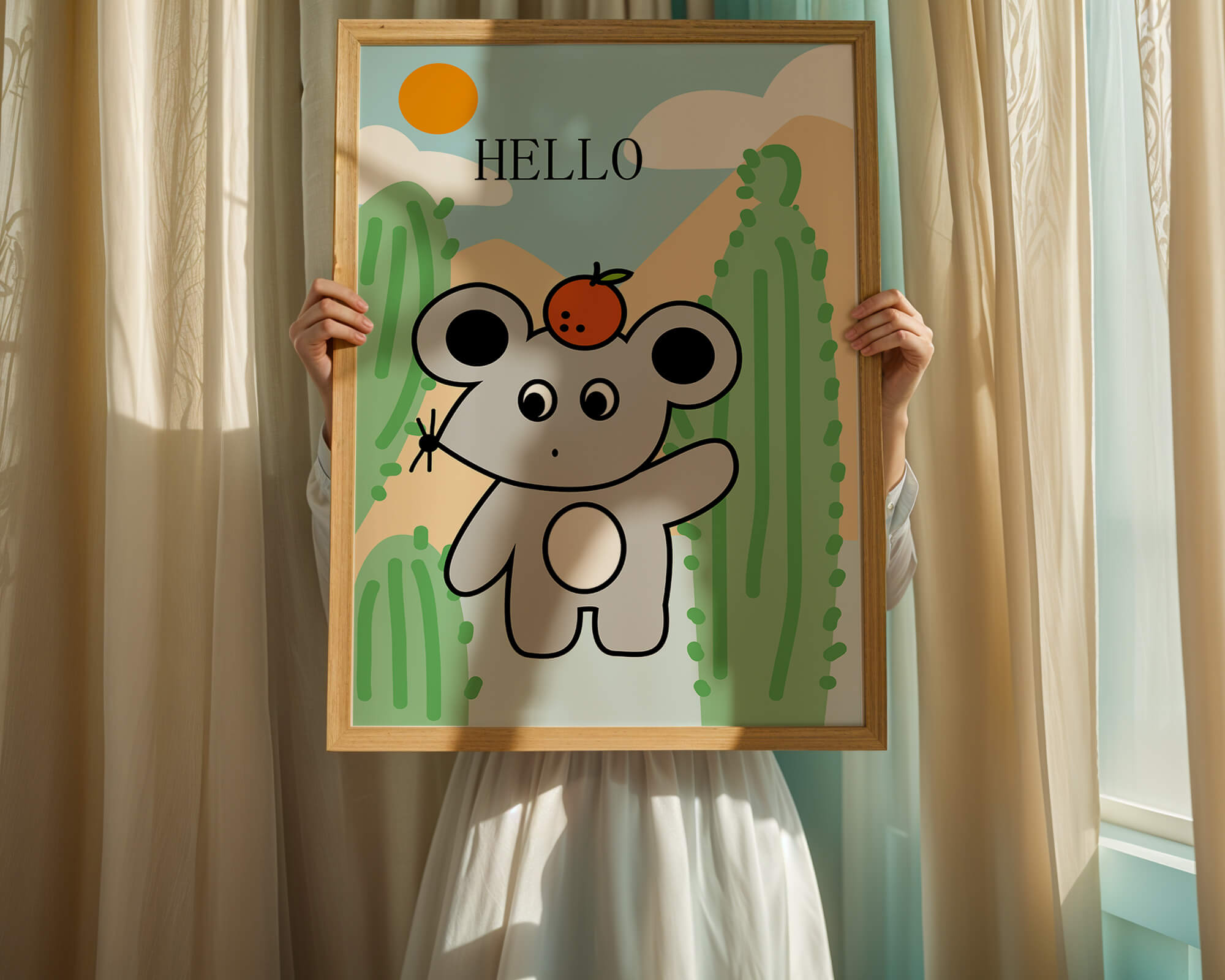 Cute illustration of a mouse with an orange on a sunny background