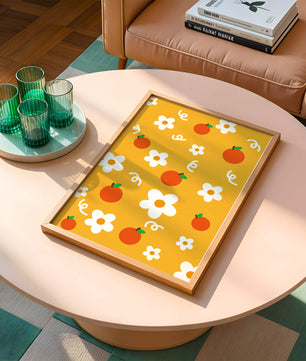 Playful floral and fruity pattern on a vibrant yellow background