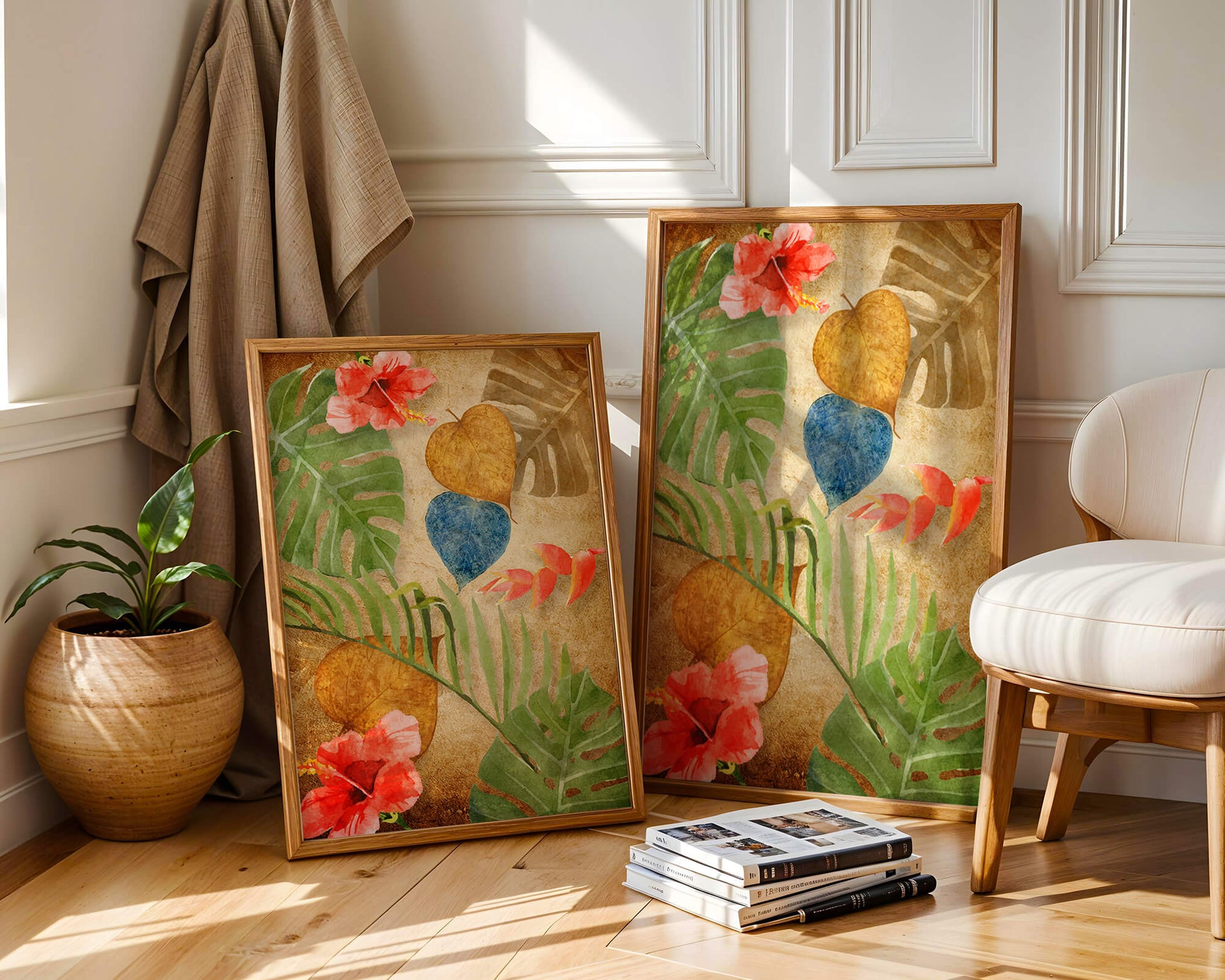 Vibrant tropical leaves and flowers watercolor design