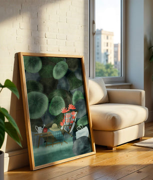 Garden Scene with Flowers, Table, and Chair in a Leafy Backdrop
