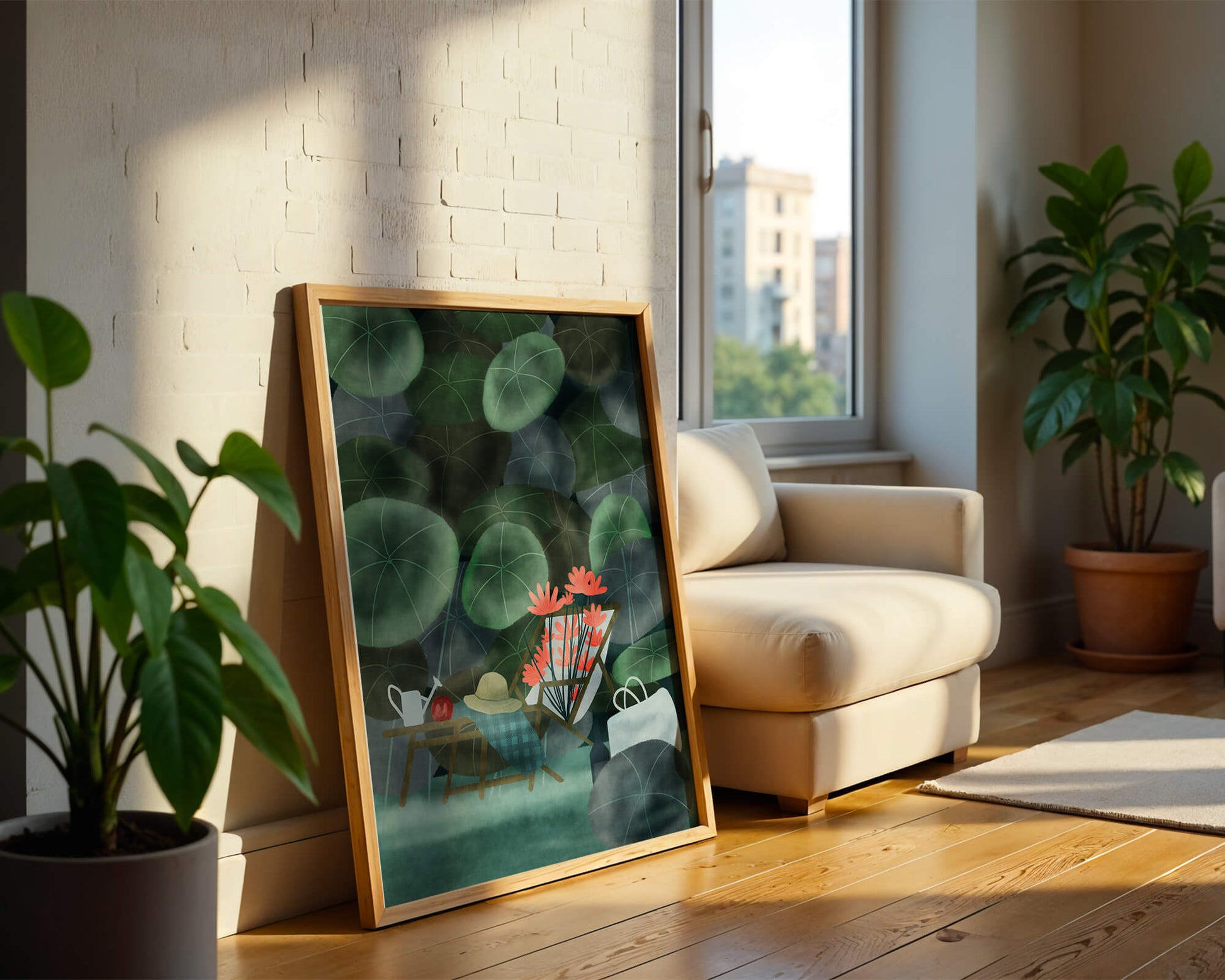 Garden Scene with Flowers, Table, and Chair in a Leafy Backdrop