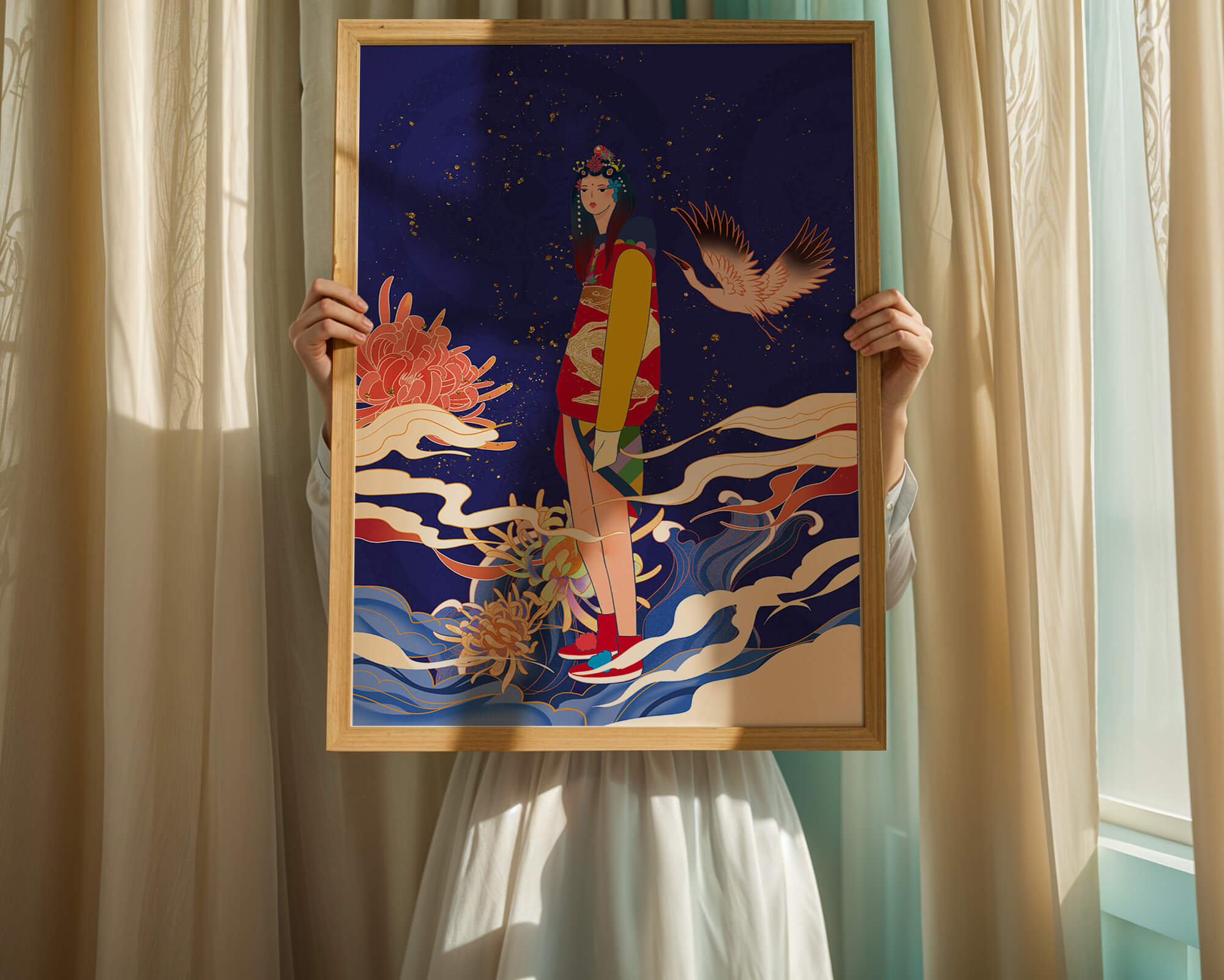 Elegant fusion of traditional and modern art with floral and avian elements