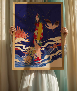 Fusion élégante d’art traditionnel et moderne avec des éléments floraux et aviaires