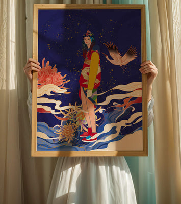 Elegant fusion of traditional and modern art with floral and avian elements