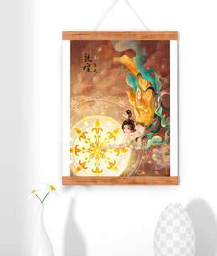 Figura celestial elegante con aura dorada y motivos florales