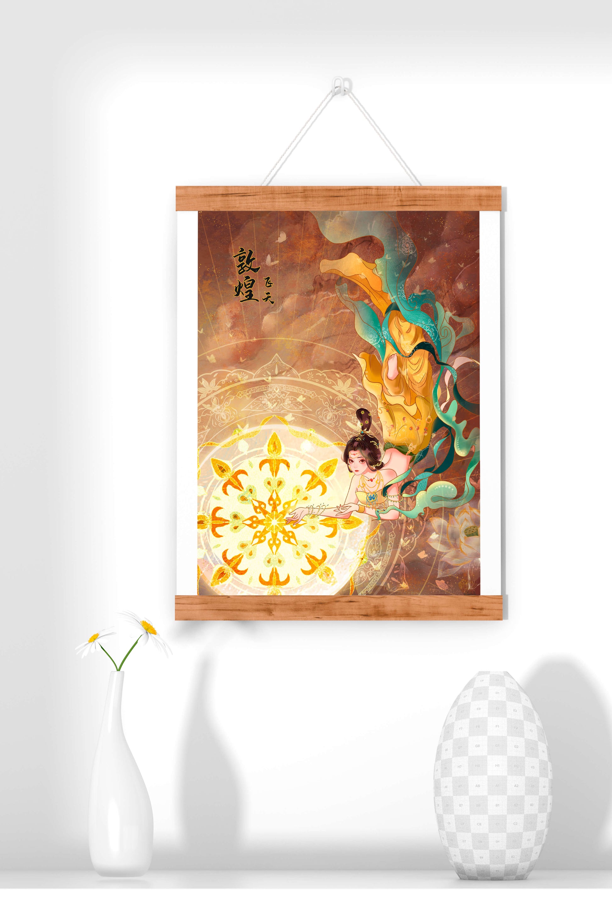Figura celestial elegante con aura dorada y motivos florales