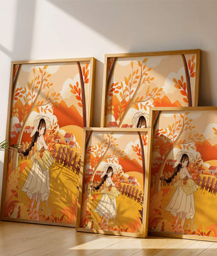 Illustration of a Girl in a Yellow Dress in Autumn Scenery