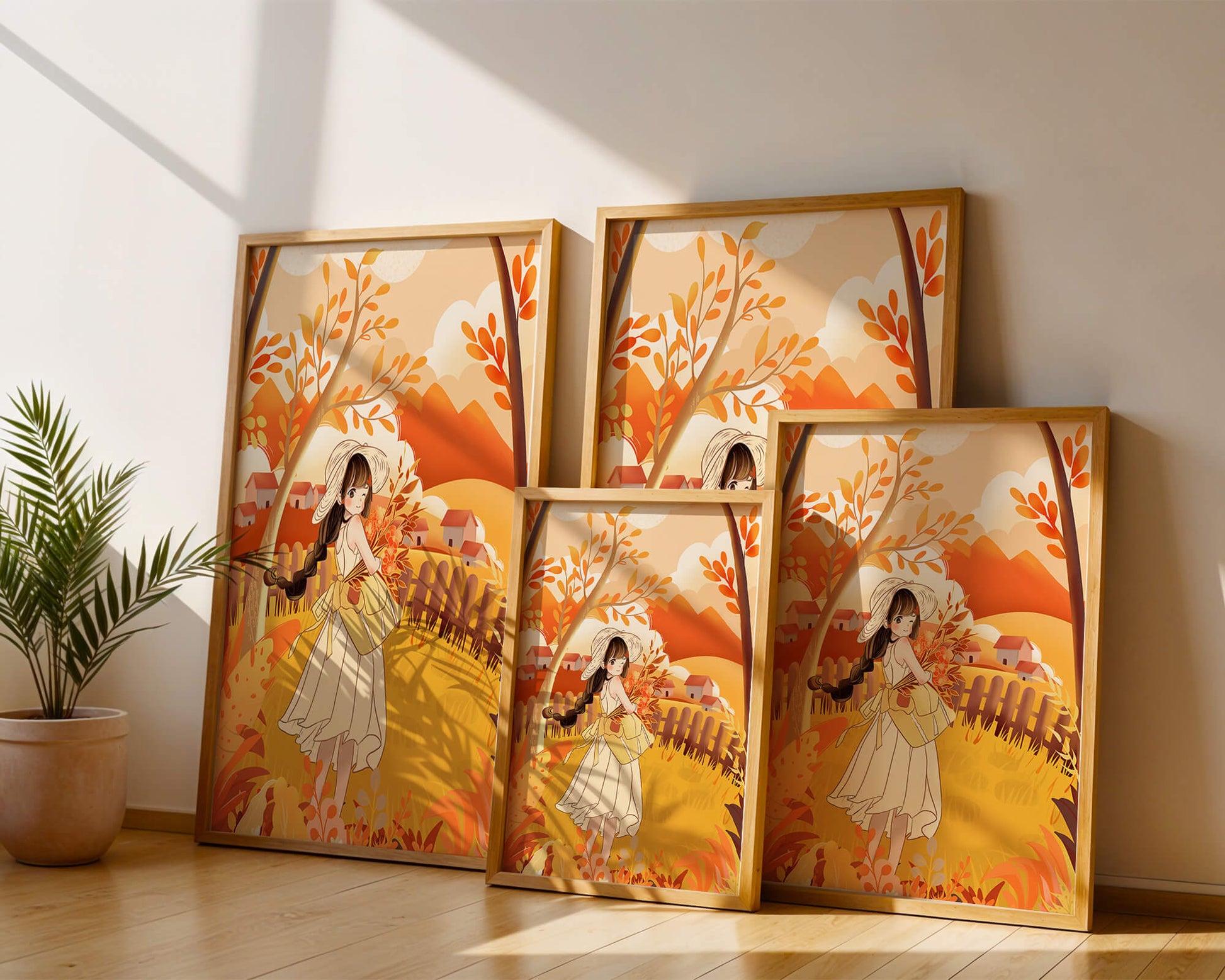 Illustration of a Girl in a Yellow Dress in Autumn Scenery