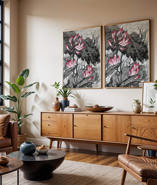 Illustration complexe de fleurs de lotus roses avec des feuilles