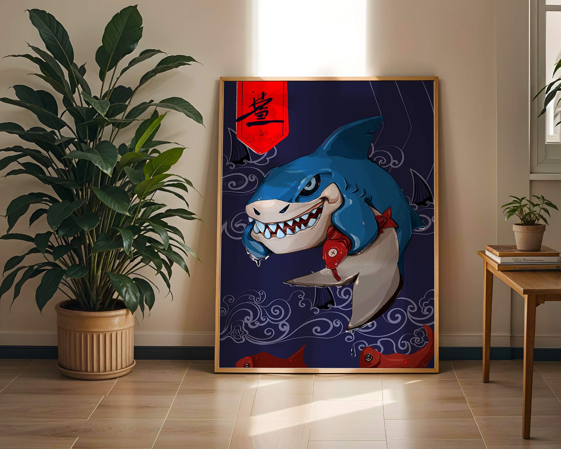 Playful illustration of a cartoon shark with nautical elements