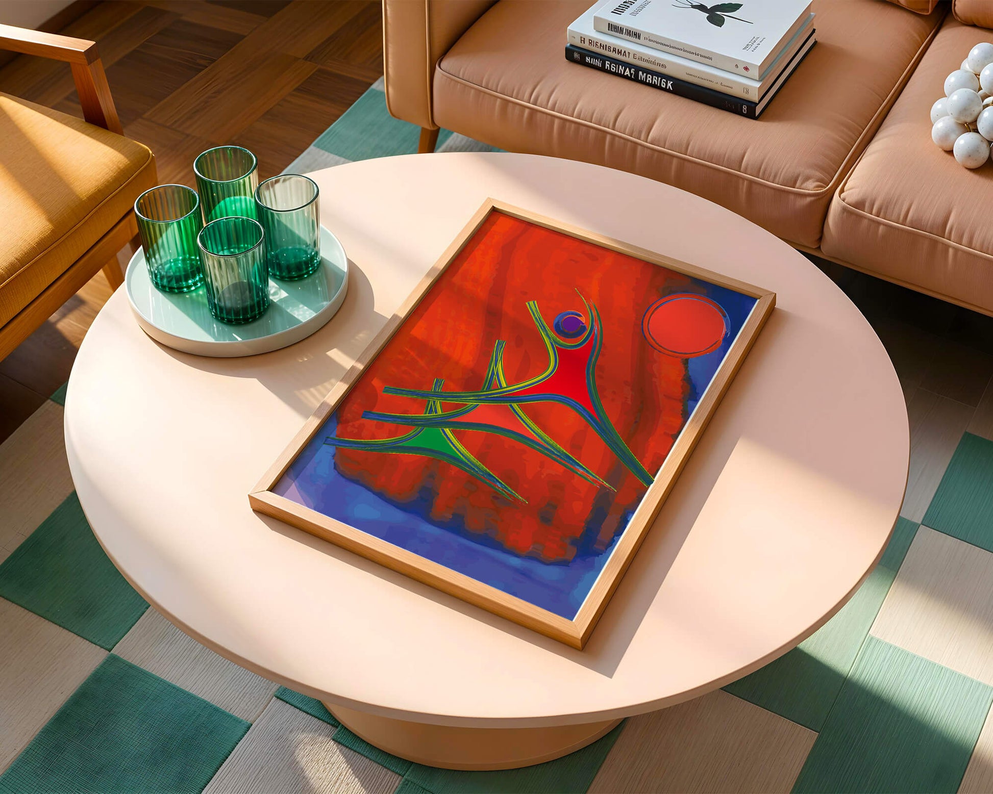 Abstract colorful artwork with dynamic figures and bold colors