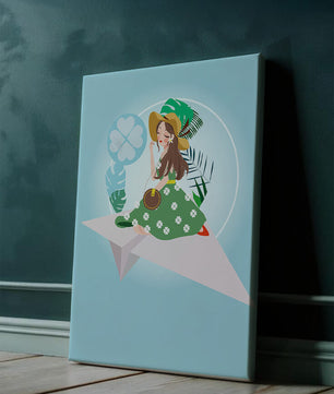 Mujer en un avión de papel con fondo de tema tropical
