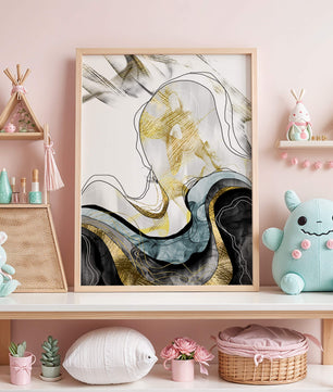 Arte abstracto con líneas fluidas y detalles dorados