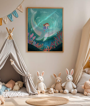Underwater scene with child and whale surrounded by marine life