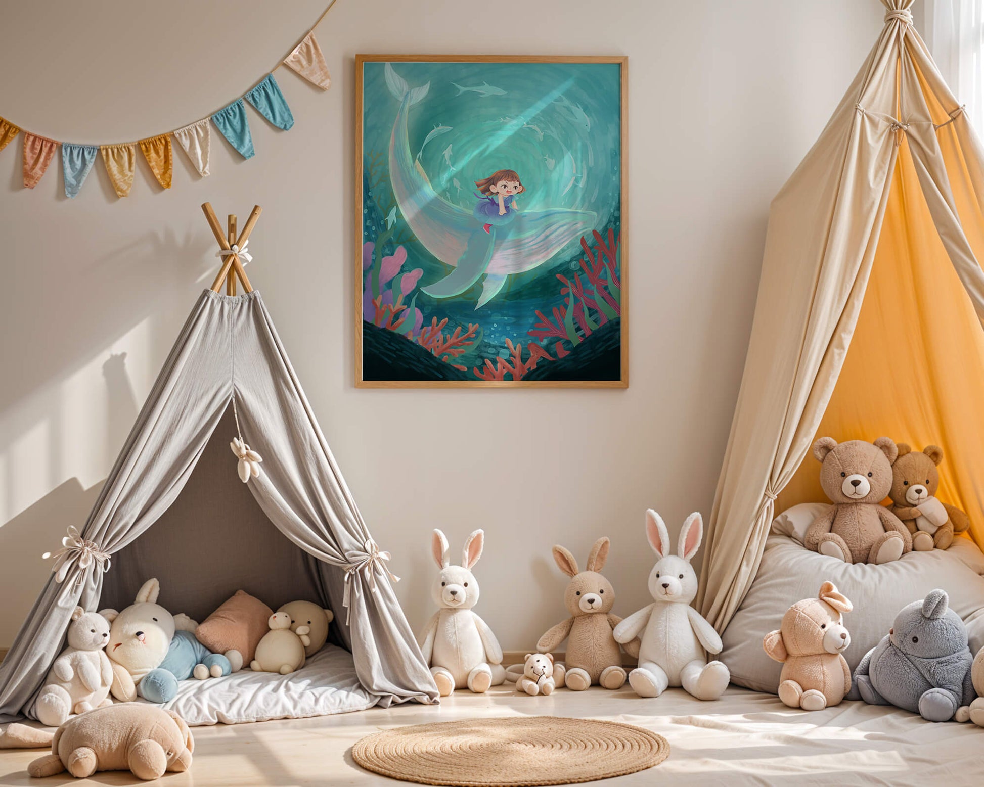 Underwater scene with child and whale surrounded by marine life