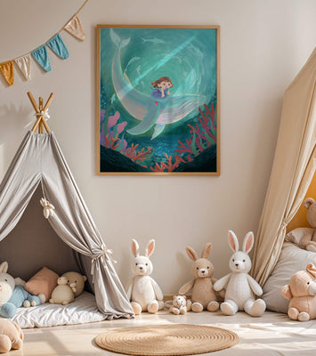 Underwater scene with child and whale surrounded by marine life