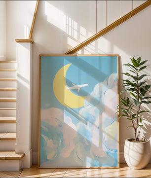 Ilustración de cielo panorámico con avión y luna creciente