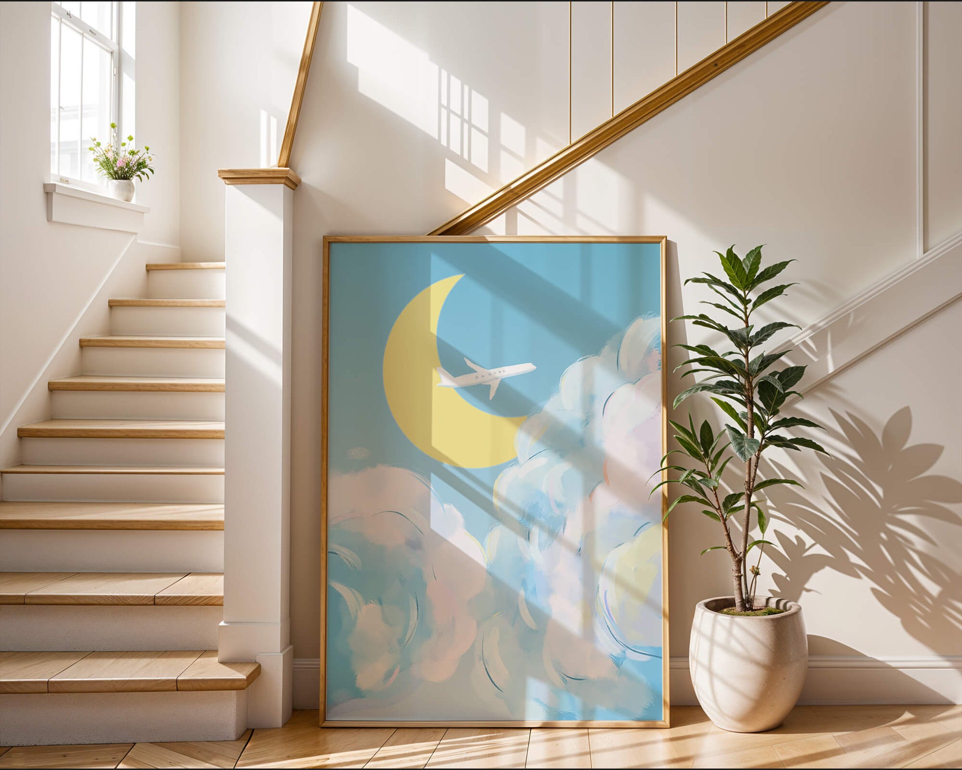 Scenic sky illustration with airplane and crescent moon