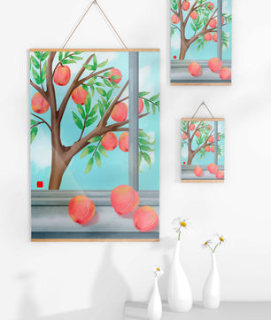 Peach tree outside a window with ripe peaches and sunny sky