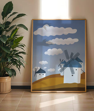 Scenic Windmills on a Sunny Day with Blue Skies and Clouds
