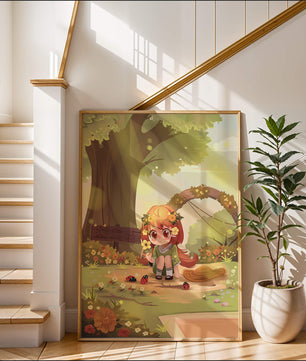Charming anime-style scene with young girl, flowers, and nature background