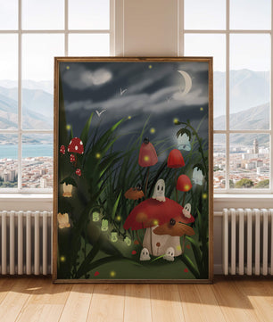 Enchanted night scene with glowing mushrooms and moonlit sky