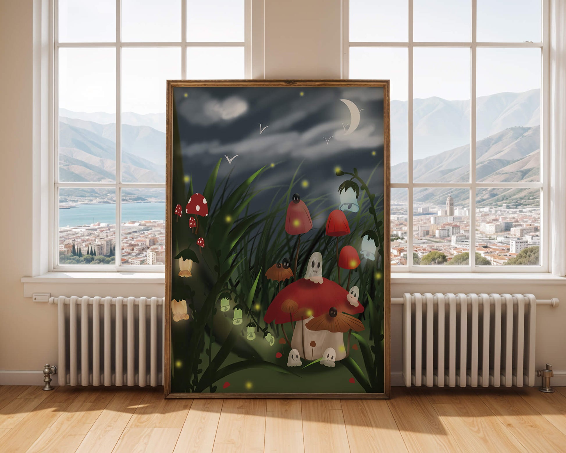 Enchanted night scene with glowing mushrooms and moonlit sky