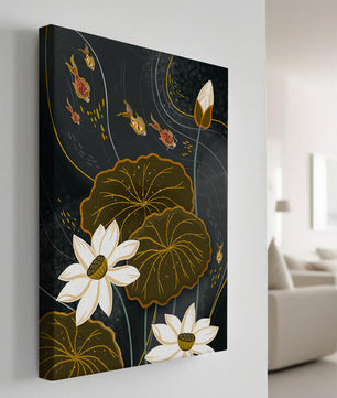 Bassin à carpes koï serein avec des accents de lotus blanc et de poissons dorés