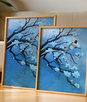 Blue Blossoms on Branch with Bird in Winter Scene
