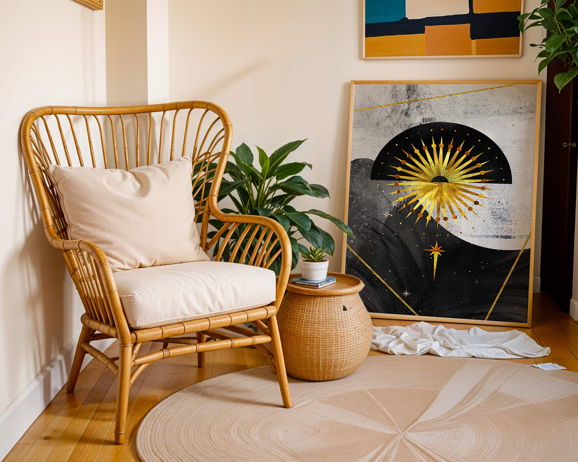 Abstract cosmic design featuring golden sunburst and celestial elements